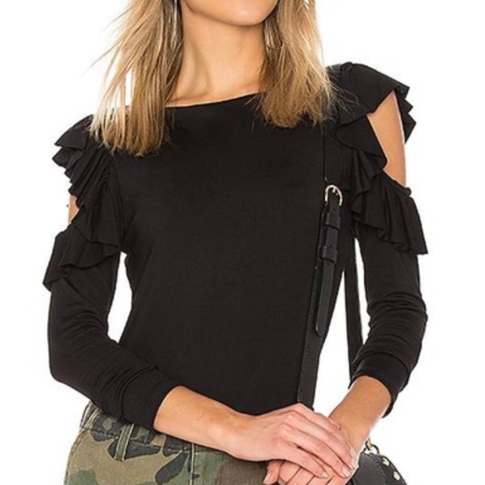 Susana Mocano Ruffle Cold Shoulder Top in Black